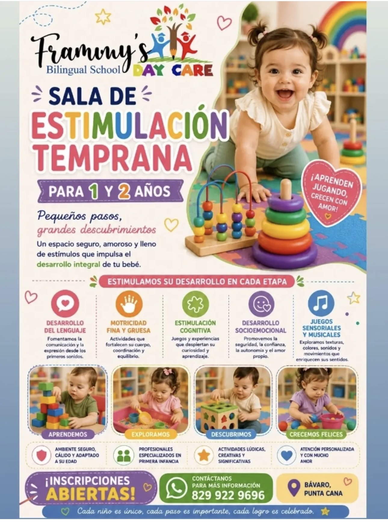 Afiche de Sala de Estimulación Temprana para niños de 1 y 2 años en Frammy's School